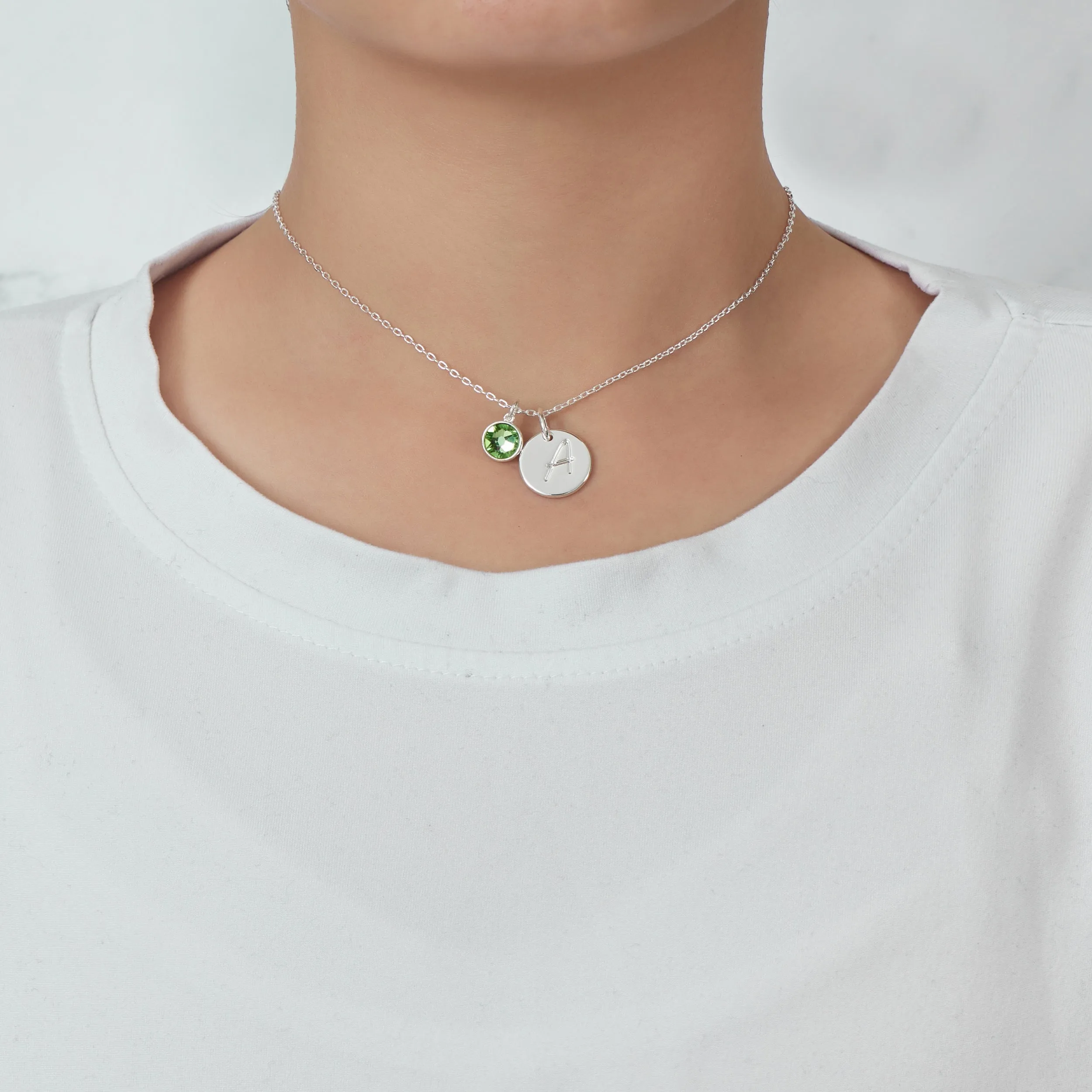 August (Peridot) Birthstone Necklace with Initial Charm (A to Z) Created with Zircondia® Crystals