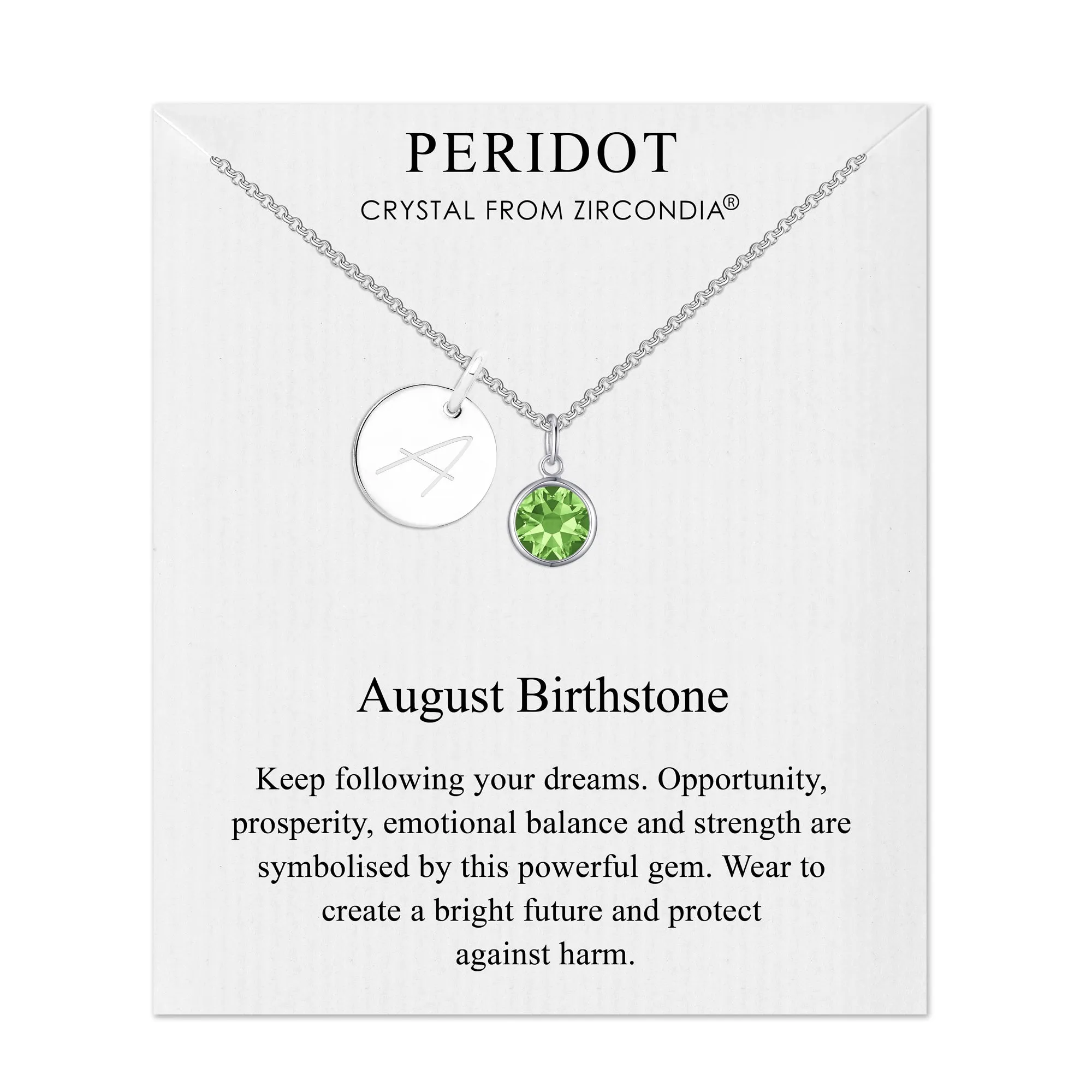 August (Peridot) Birthstone Necklace with Initial Charm (A to Z) Created with Zircondia® Crystals
