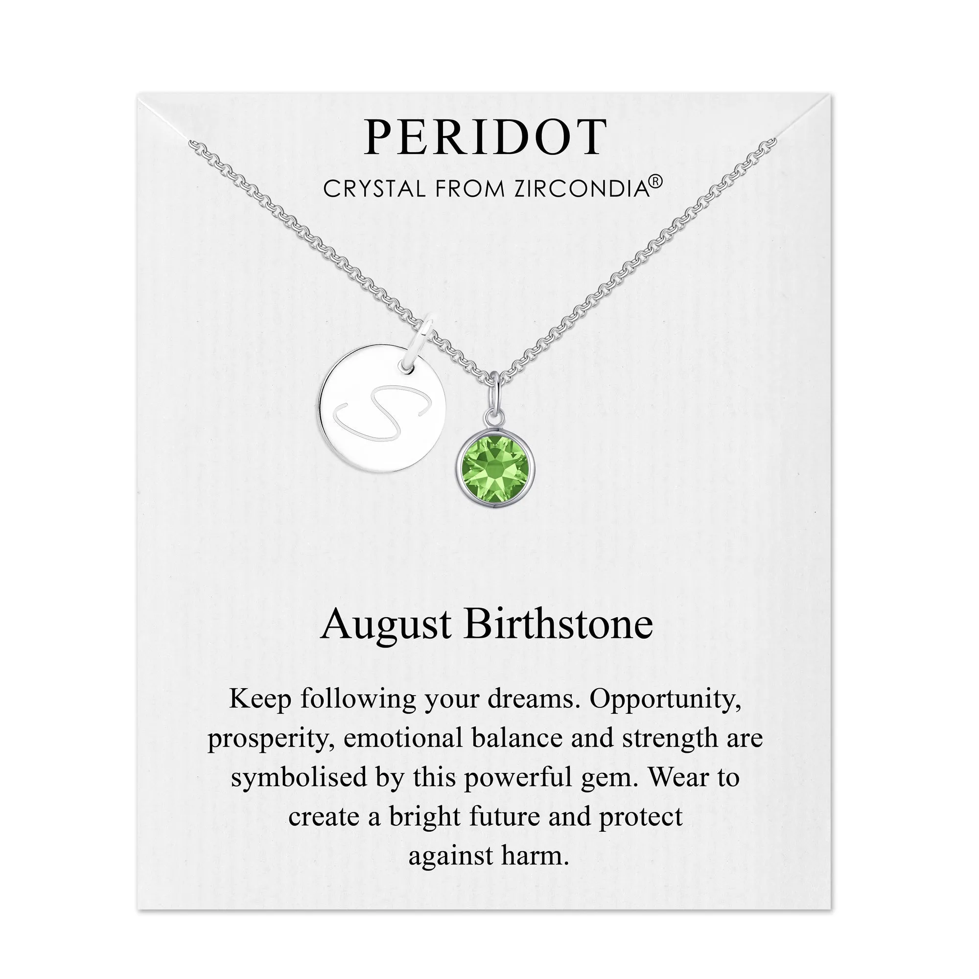 August (Peridot) Birthstone Necklace with Initial Charm (A to Z) Created with Zircondia® Crystals