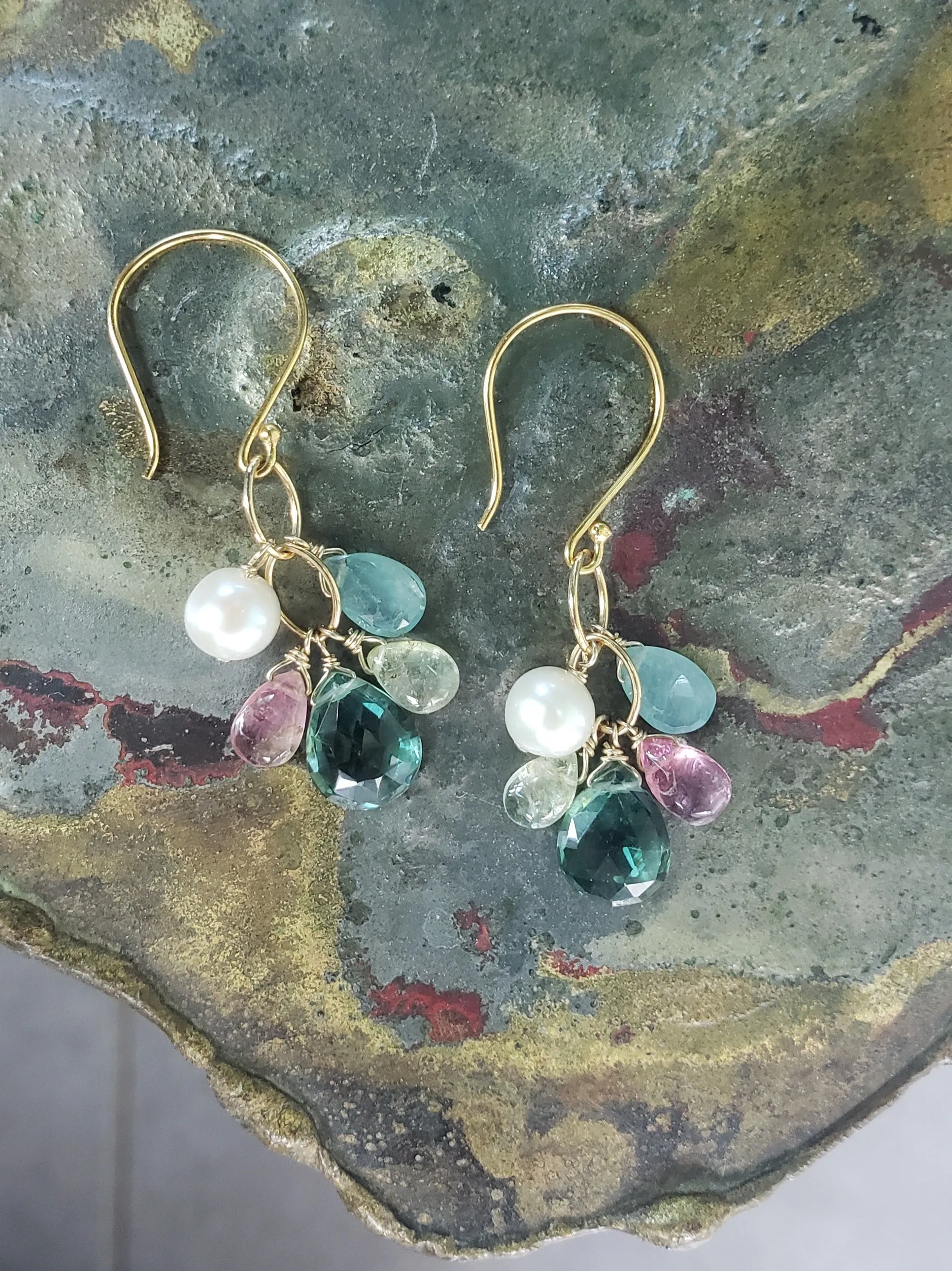 AVF Gold Green Quartz, Pearl, Grandidierite, Tourmaline Cluster Earrings (SI3776)