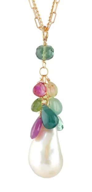 AVF Gold White Baroque Pearl, Afghani Tourmaline, Quartz & Grandidierite Necklace (SI6740)