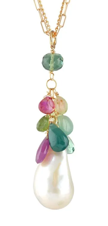 AVF Gold White Baroque Pearl, Afghani Tourmaline, Quartz & Grandidierite Necklace (SI6740)