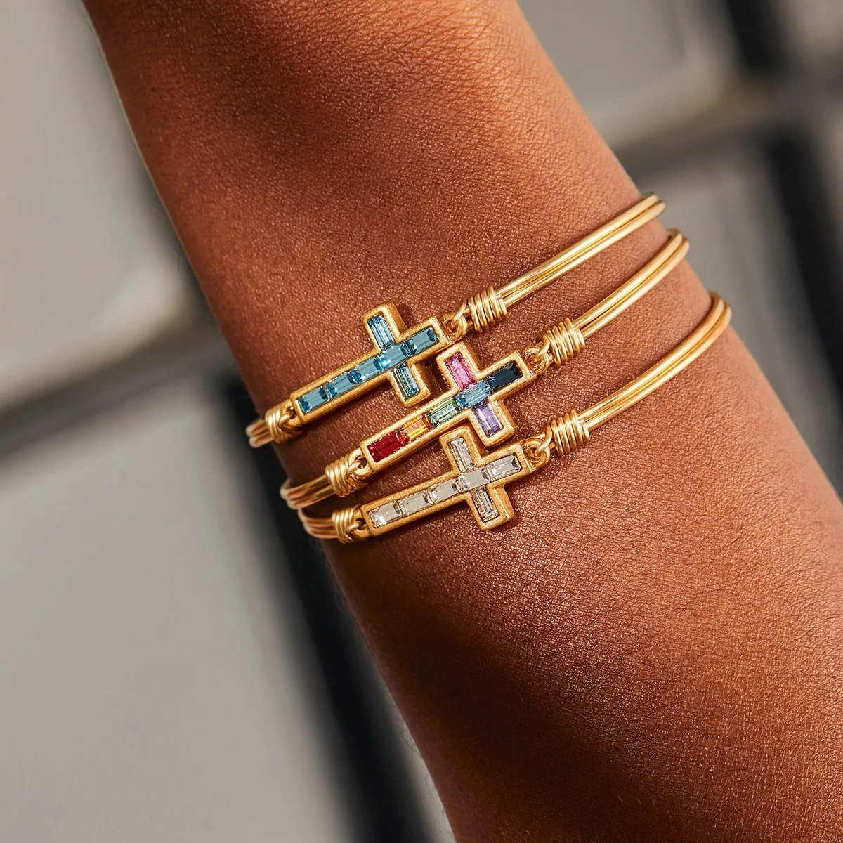 Baguette Cross Bangle Bracelet in Ombre