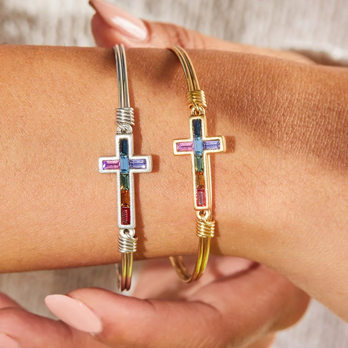 Baguette Cross Bangle Bracelet in Ombre