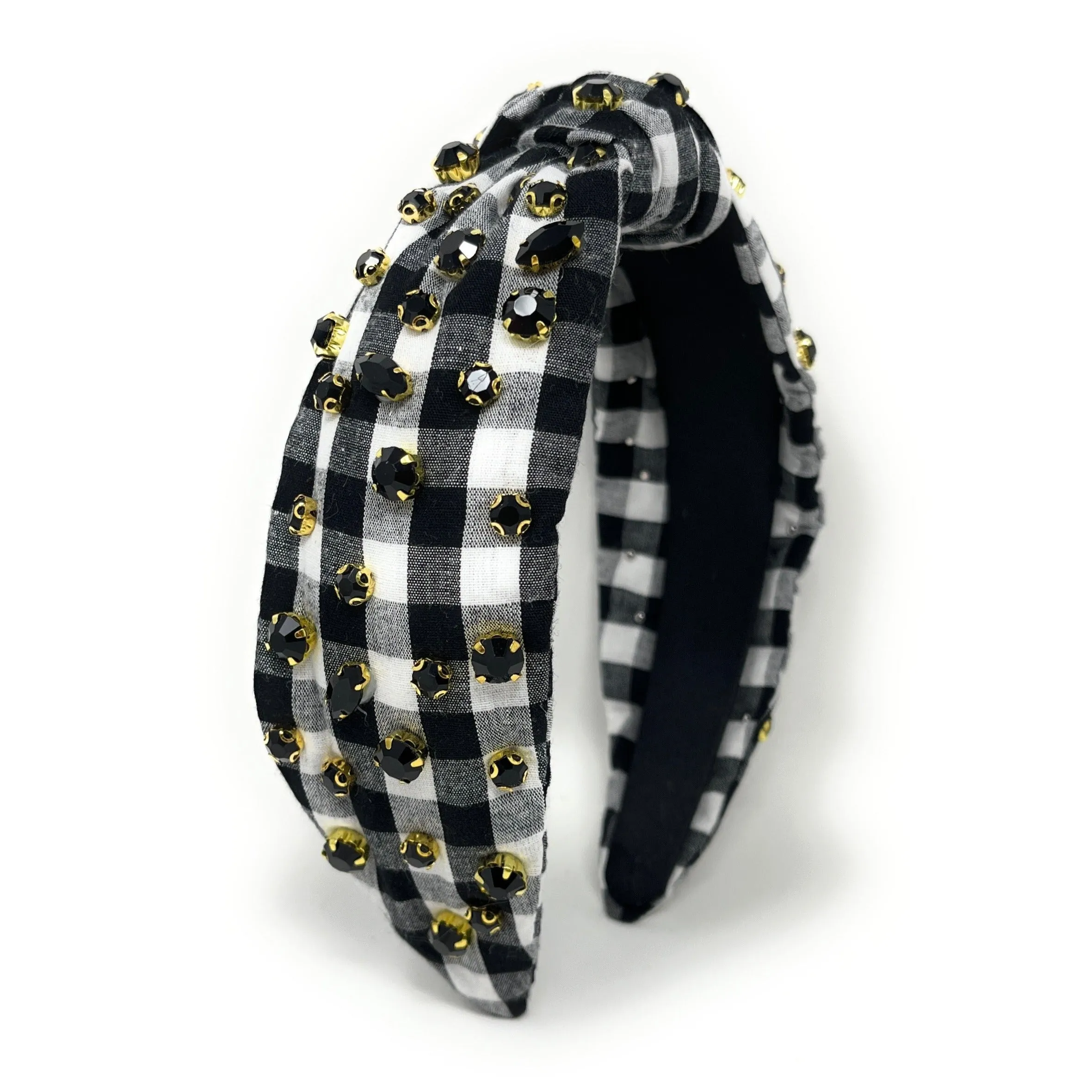 Black Gingham Jeweled Knot Headband