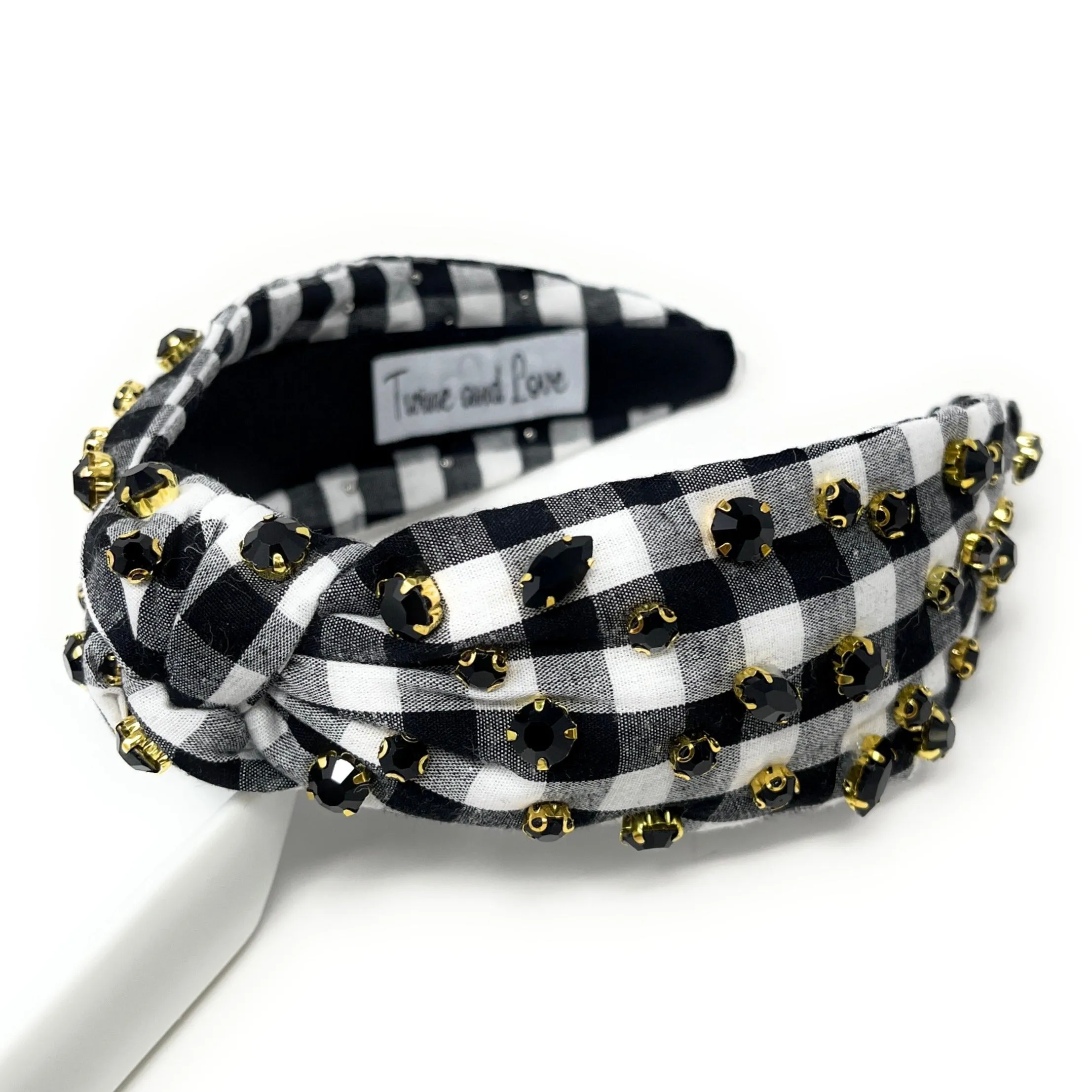 Black Gingham Jeweled Knot Headband