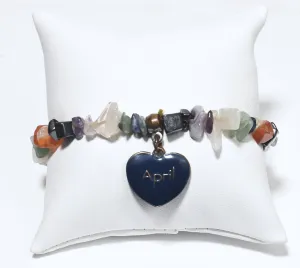 Blue Enamel "April" Heart Charm on Gemstone Chip Bead Stretch Bracelet