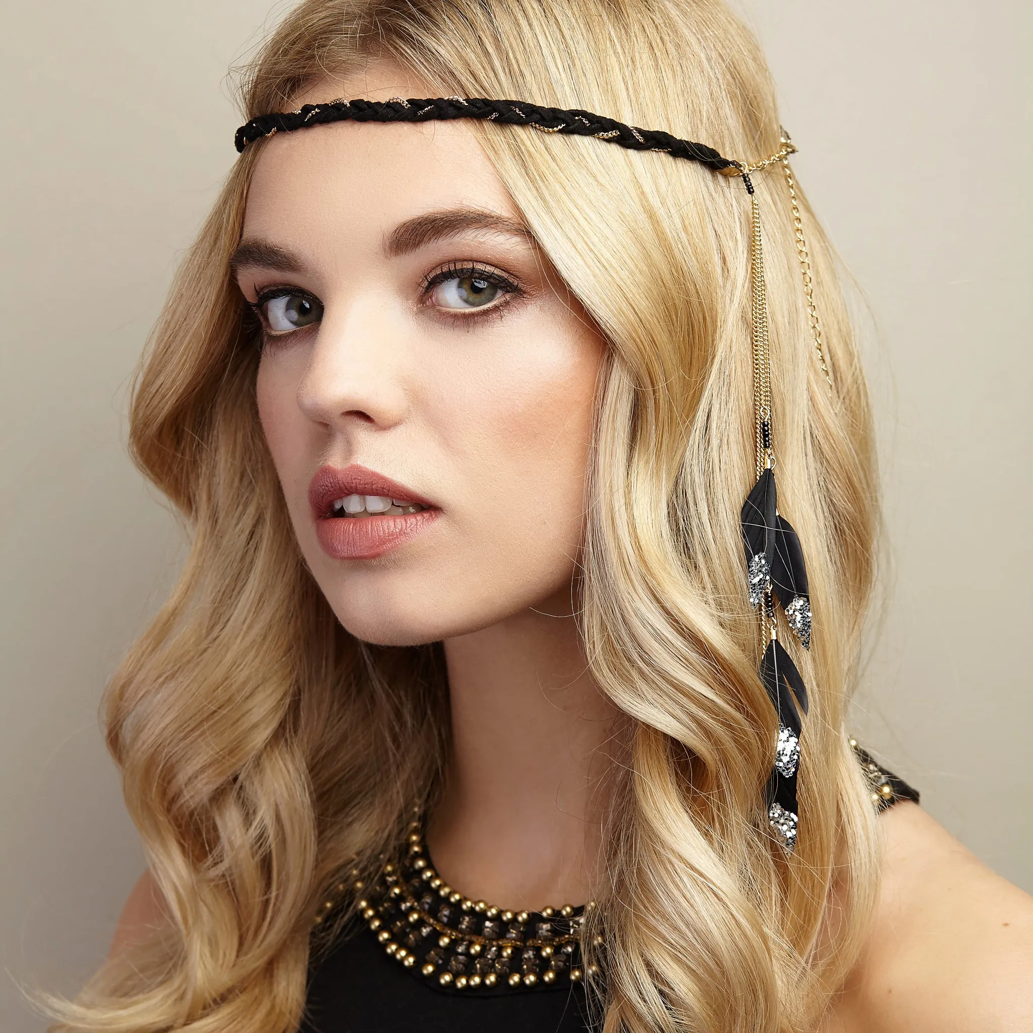Boho Headband with Feathers and Glitter in Black