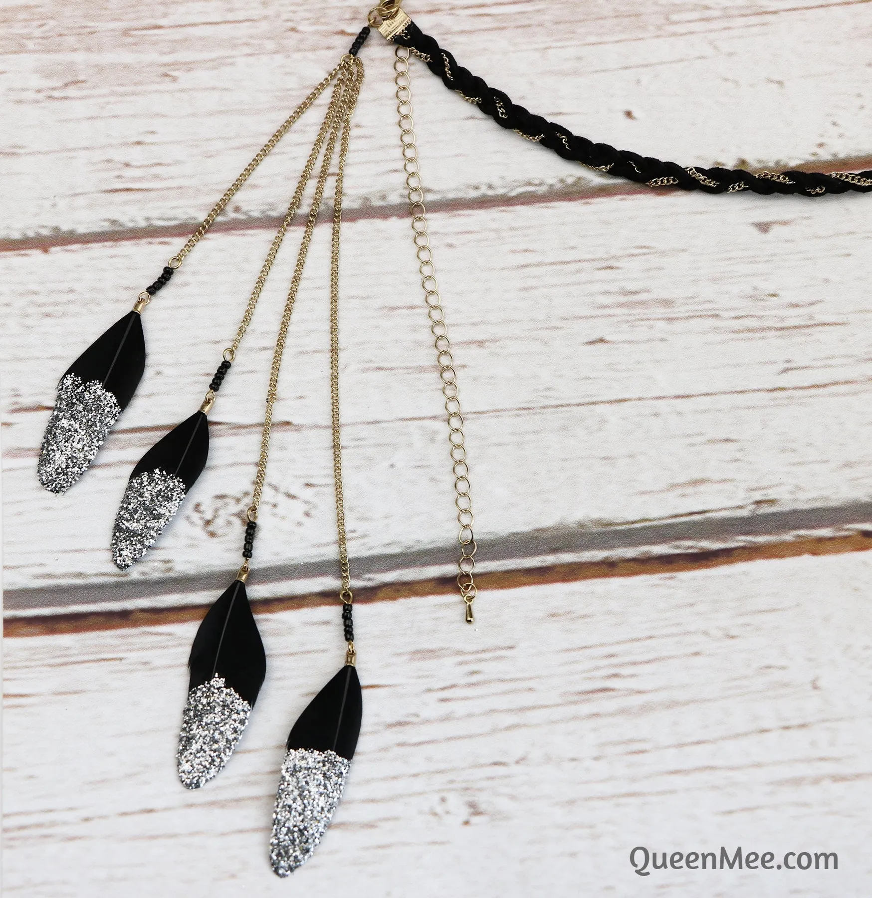 Boho Headband with Feathers and Glitter in Black