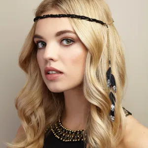 Boho Headband with Feathers and Glitter in Black