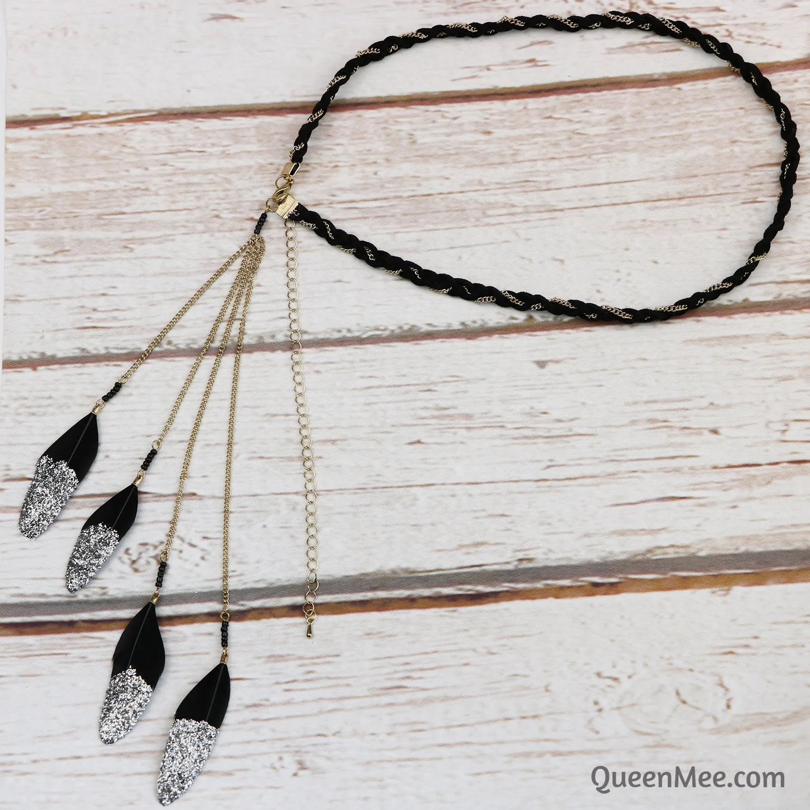 Boho Headband with Feathers and Glitter in Black