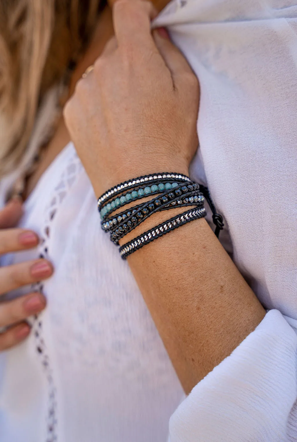 Bracelet Wrap - Onyx, Dark Aquamarine Agate, Hematite