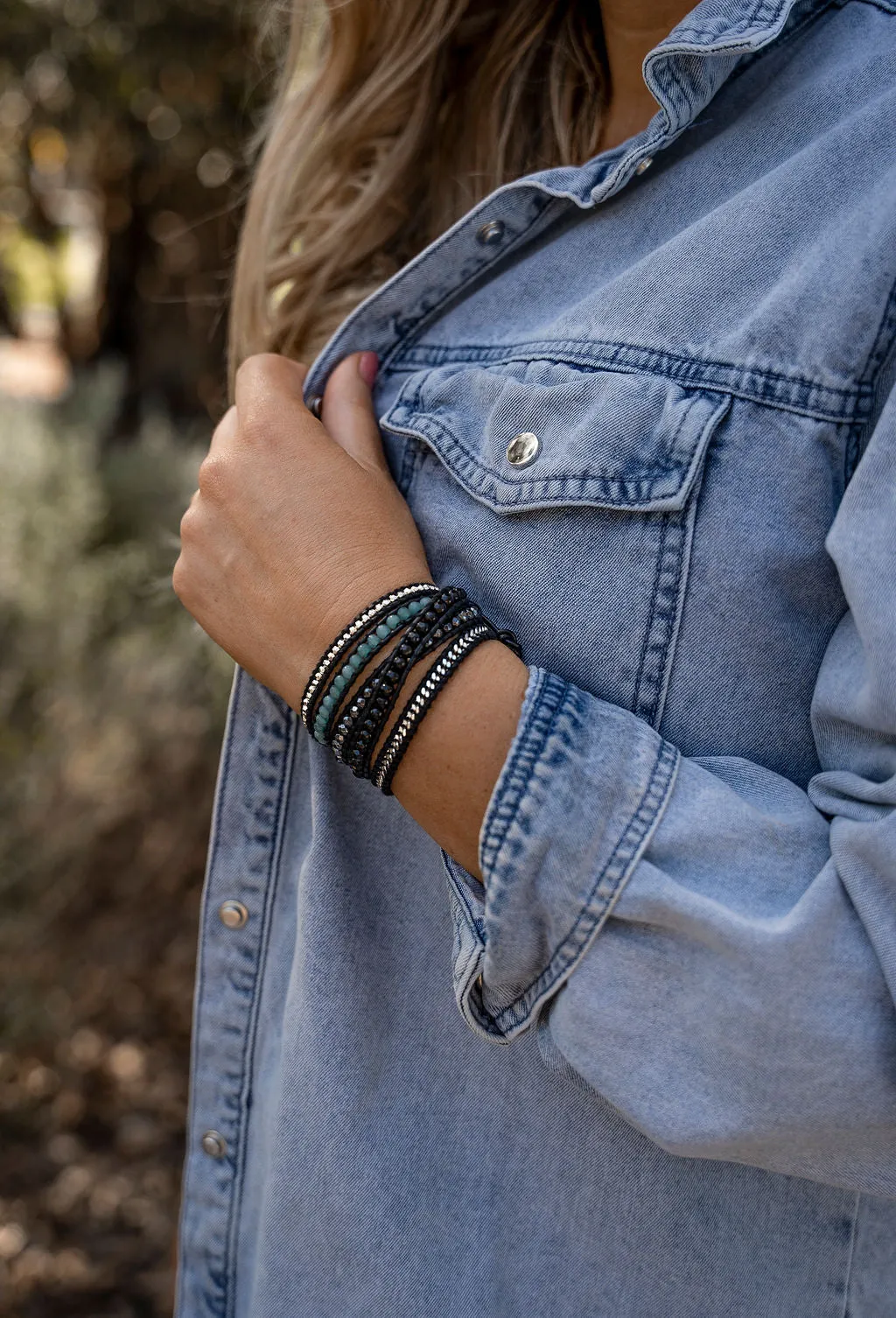Bracelet Wrap - Onyx, Dark Aquamarine Agate, Hematite