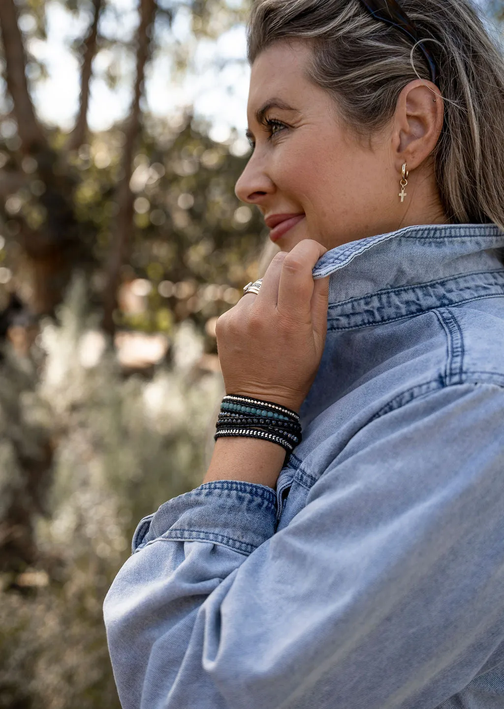 Bracelet Wrap - Onyx, Dark Aquamarine Agate, Hematite