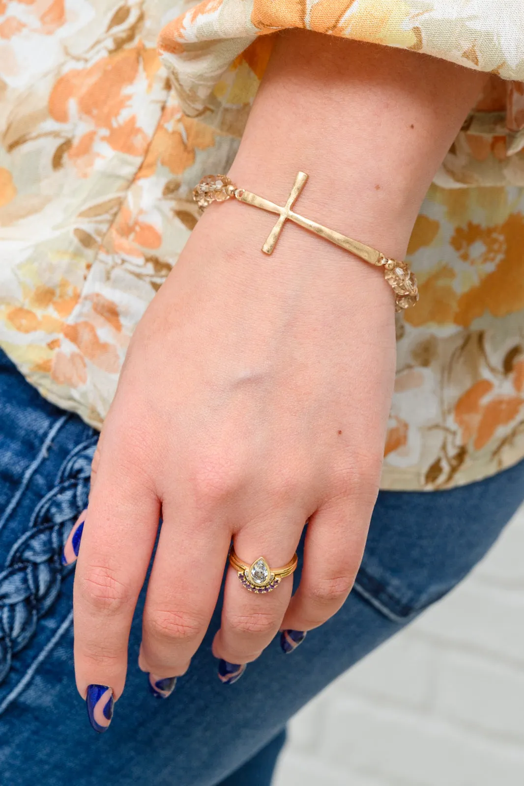 Champagne Beaded Hammered Metal Cross Bracelet