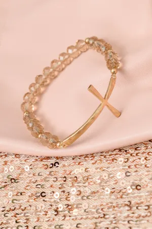 Champagne Beaded Hammered Metal Cross Bracelet