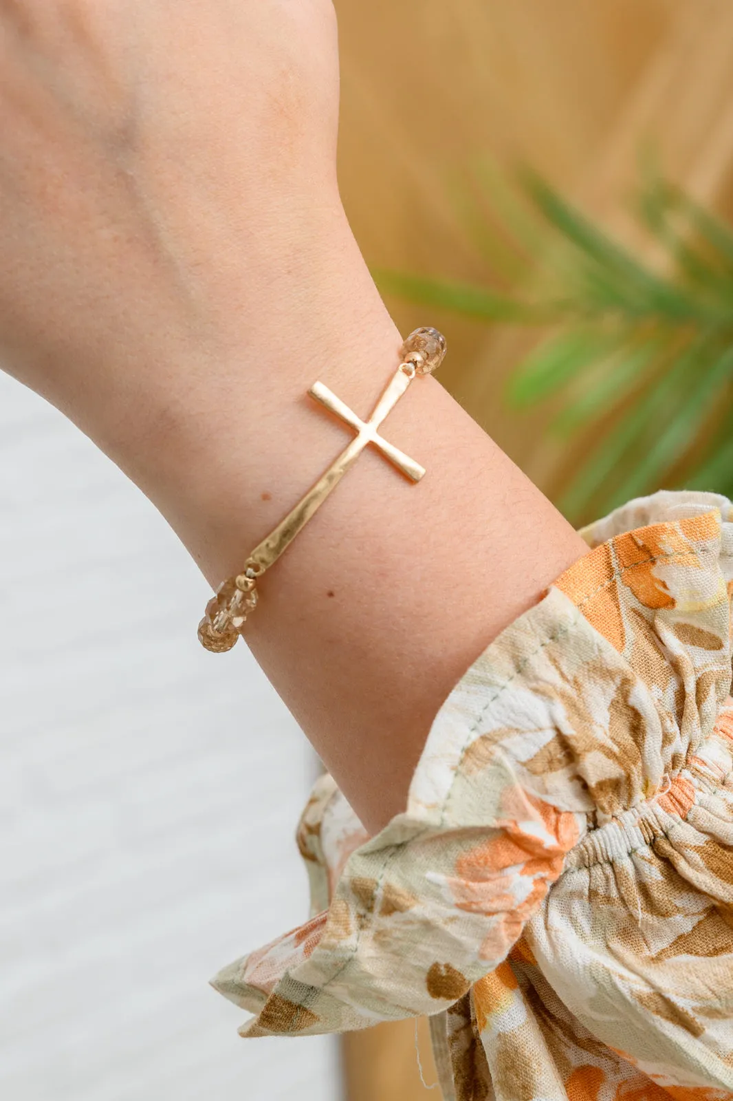 Champagne Beaded Hammered Metal Cross Bracelet