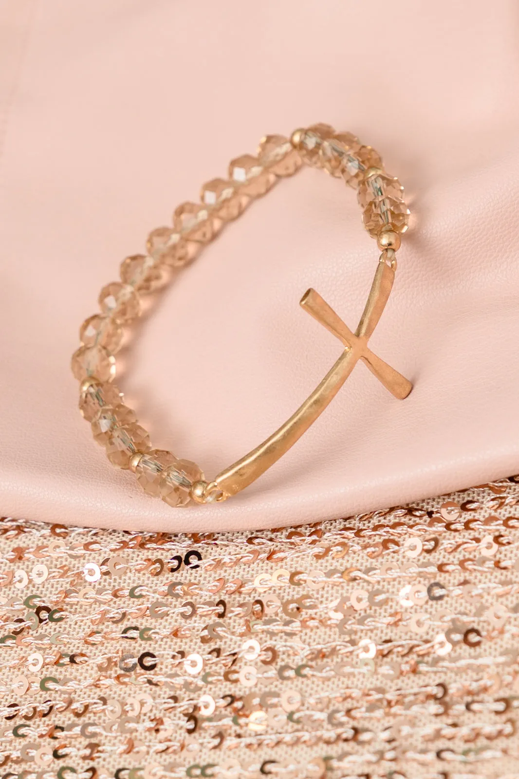 Champagne Beaded Hammered Metal Cross Bracelet