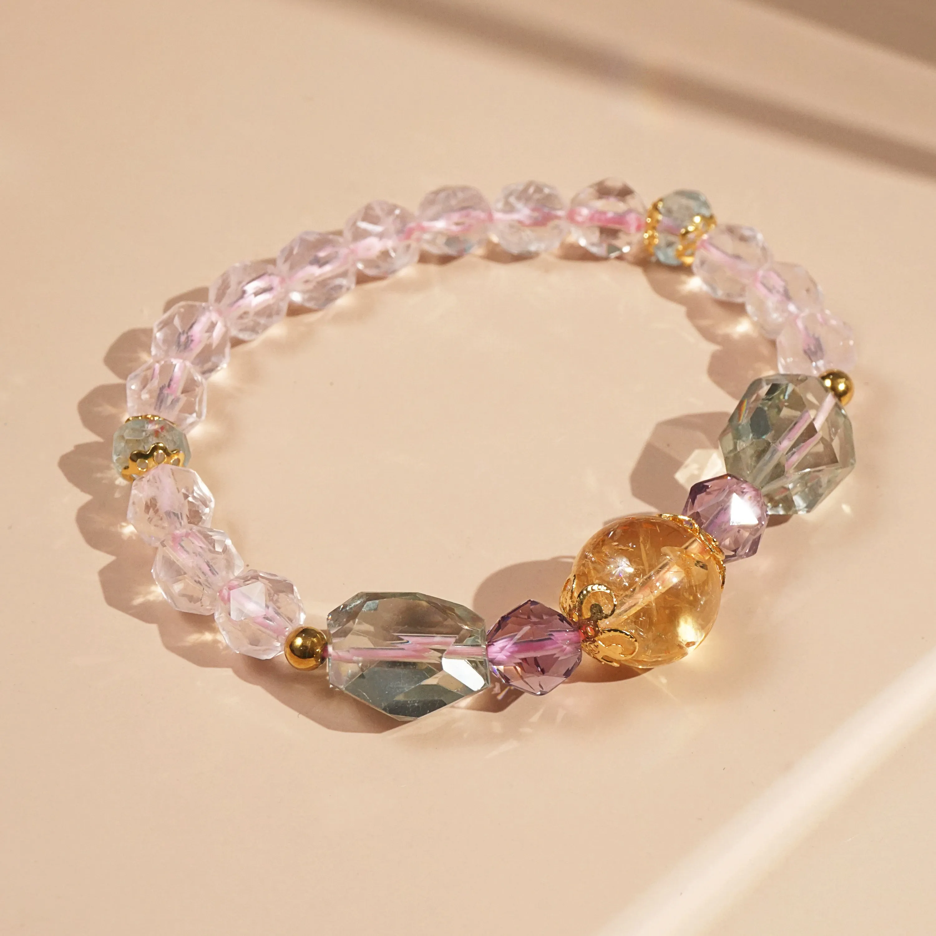 Citrine, Amethyst, Prasiolite, Rose Quartz, and Aquamarine