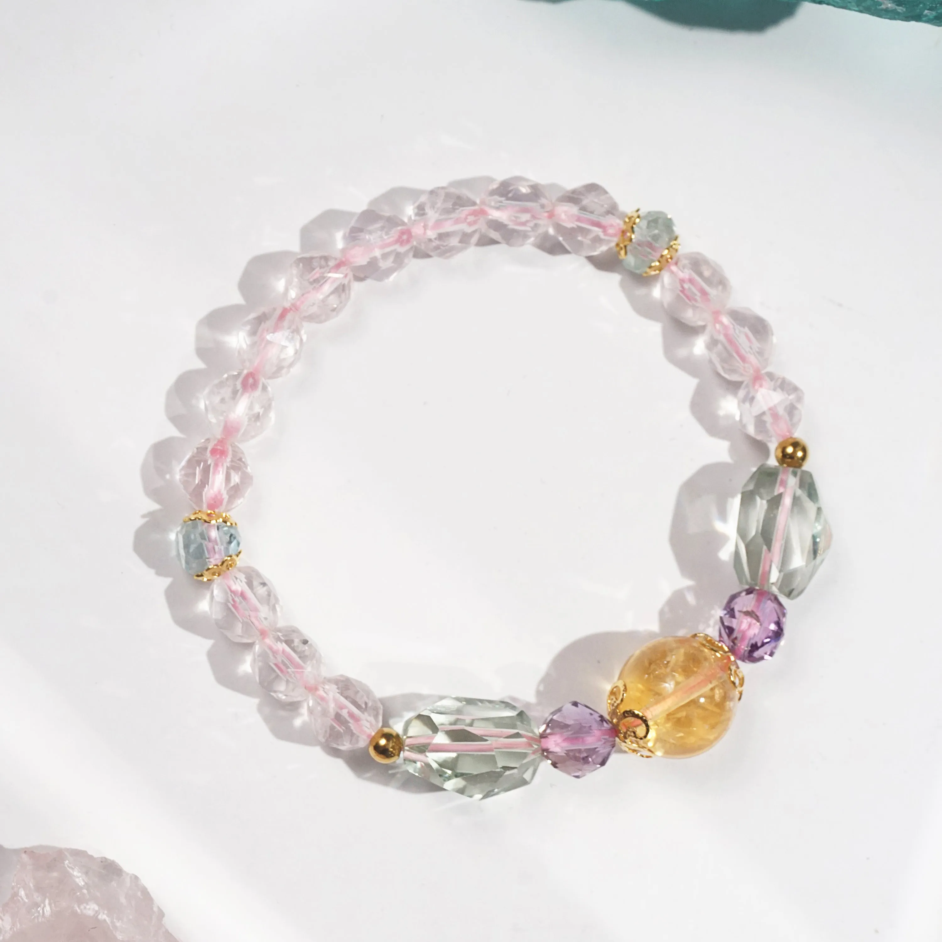 Citrine, Amethyst, Prasiolite, Rose Quartz, and Aquamarine