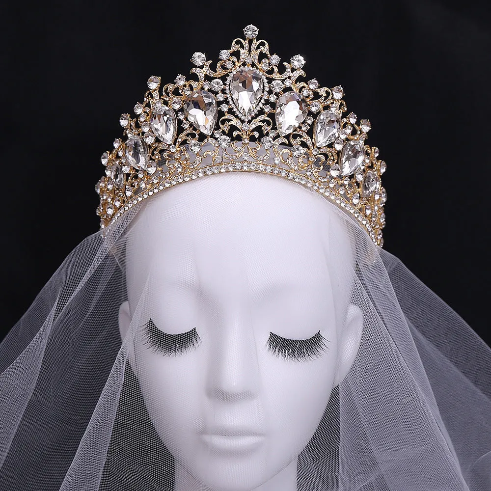 Classical Gold Colorful Crystal Tiaras Crowns Bridal Wedding Hair Accessories