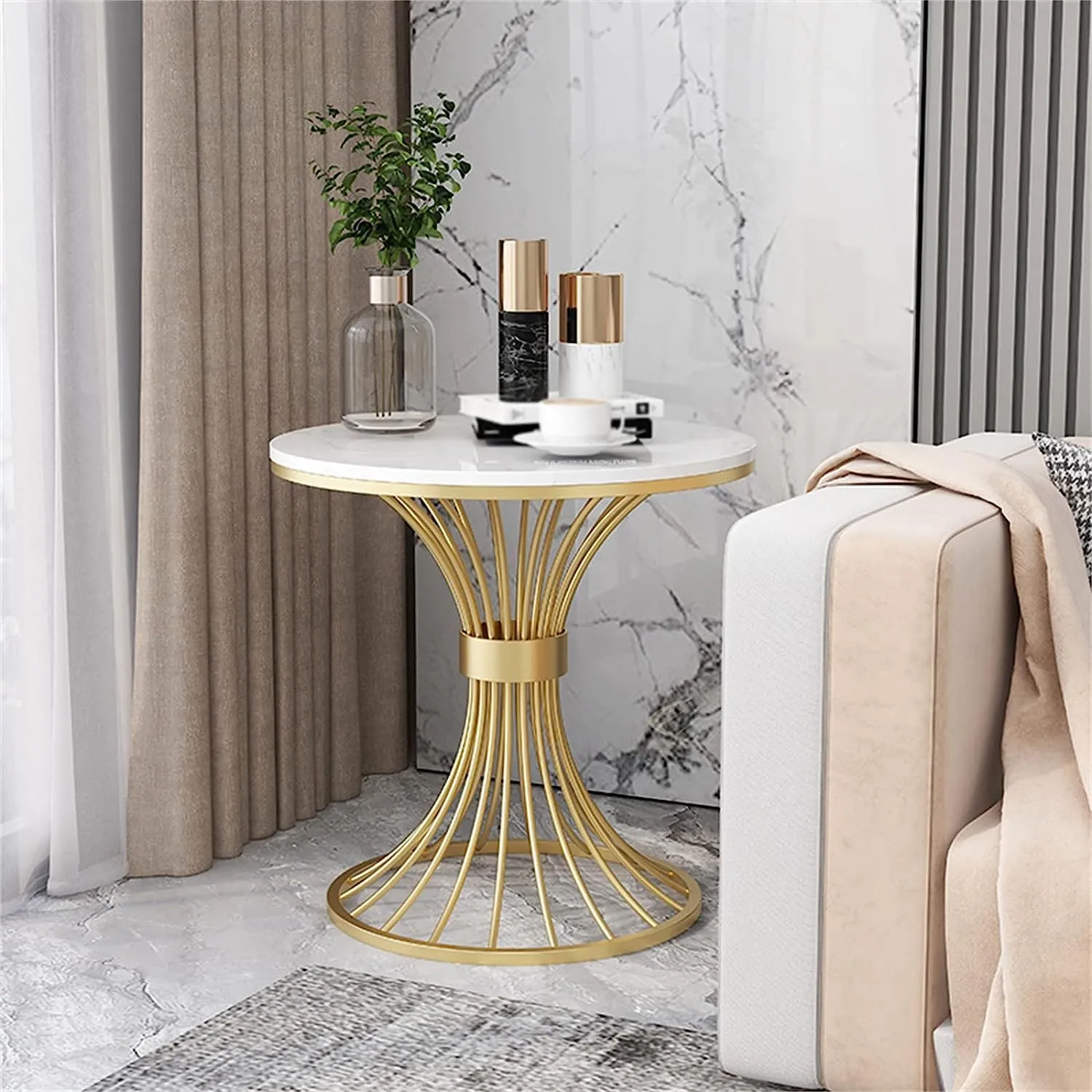 CROWN ART SHOPPEE Side Table, Round White Modern Home Decor Coffee Tea End Table for Living Room, Bedroom and Balcony (White & Gold)
