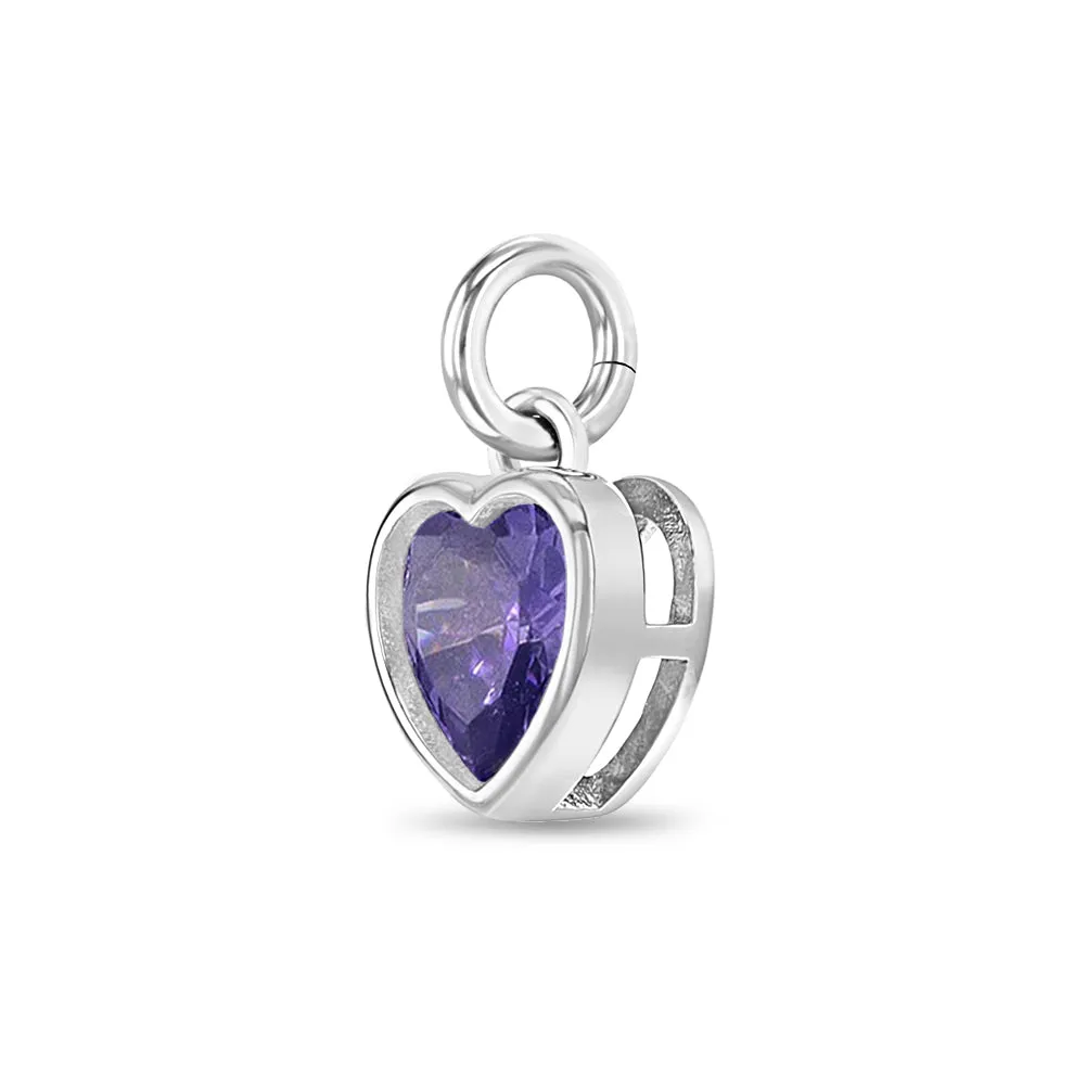CZ Birthstone Heart Charm February – Amethyst Kids / Children's / Girls for Charm Bracelet - Sterling Silver