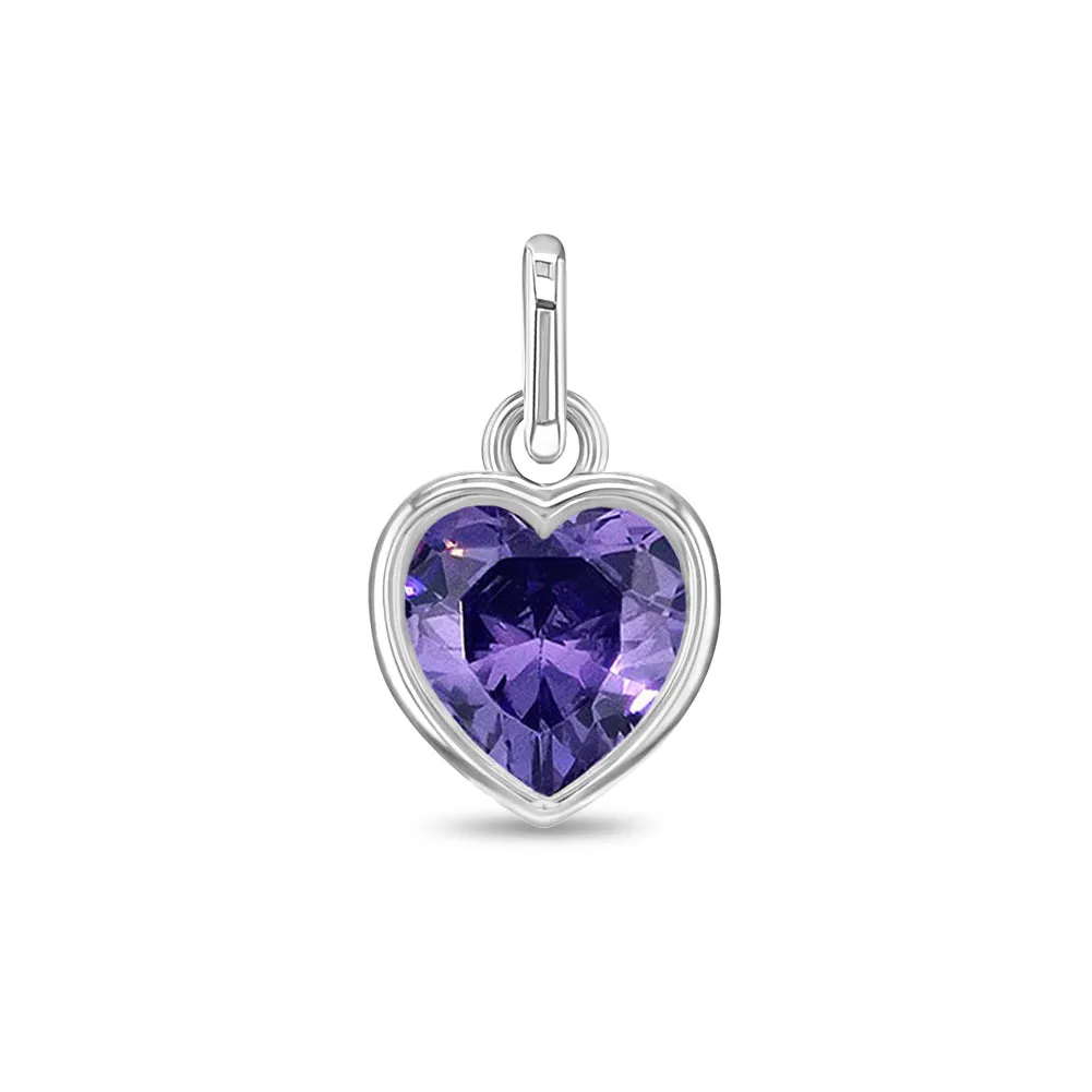 CZ Birthstone Heart Charm February – Amethyst Kids / Children's / Girls for Charm Bracelet - Sterling Silver