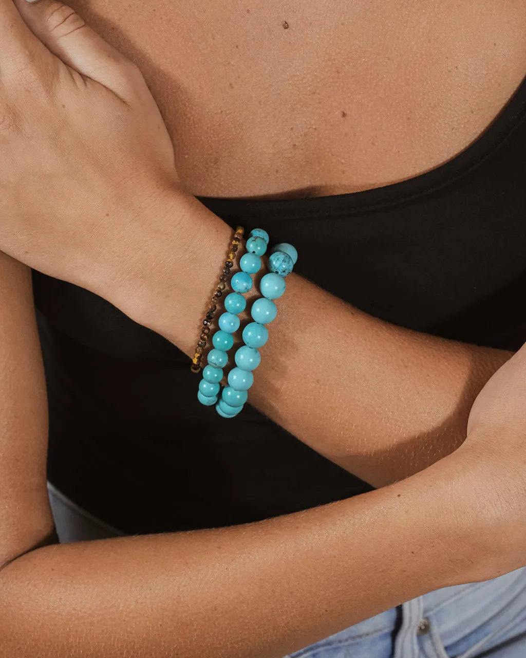 Dark Turquoise & Tiger's Eye Stretch Bracelet Set of 3
