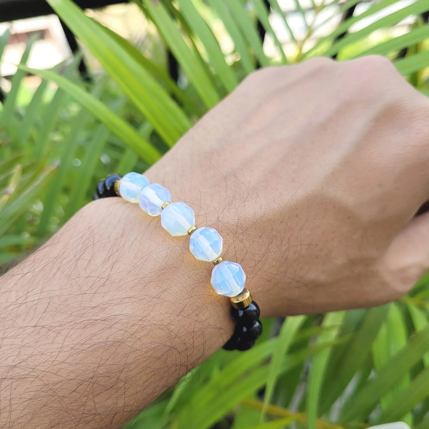 Diamond Cut Opal With Black Obsidian And Golden Hematite Bracelet