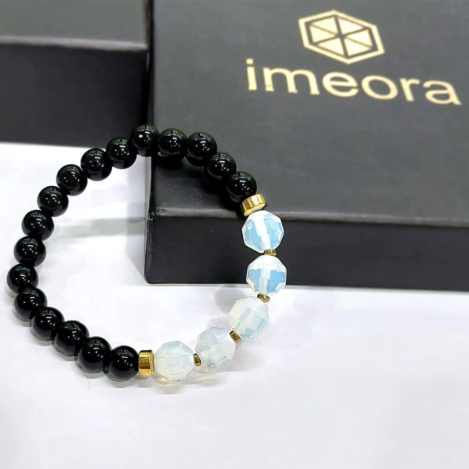 Diamond Cut Opal With Black Obsidian And Golden Hematite Bracelet