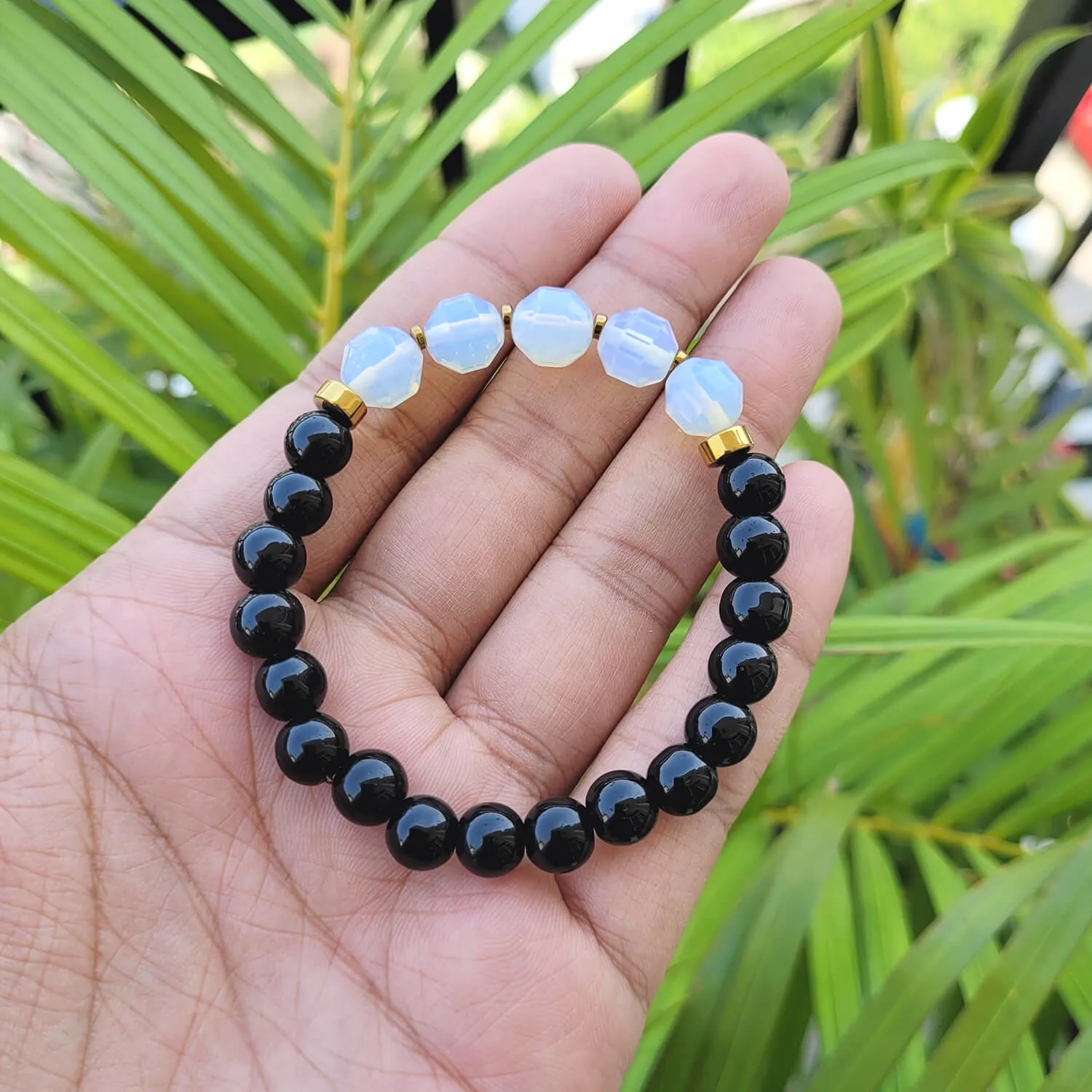 Diamond Cut Opal With Black Obsidian And Golden Hematite Bracelet