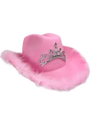 Faux Fur Trim Pink Cowboy Costume Hat With Silver Tiara