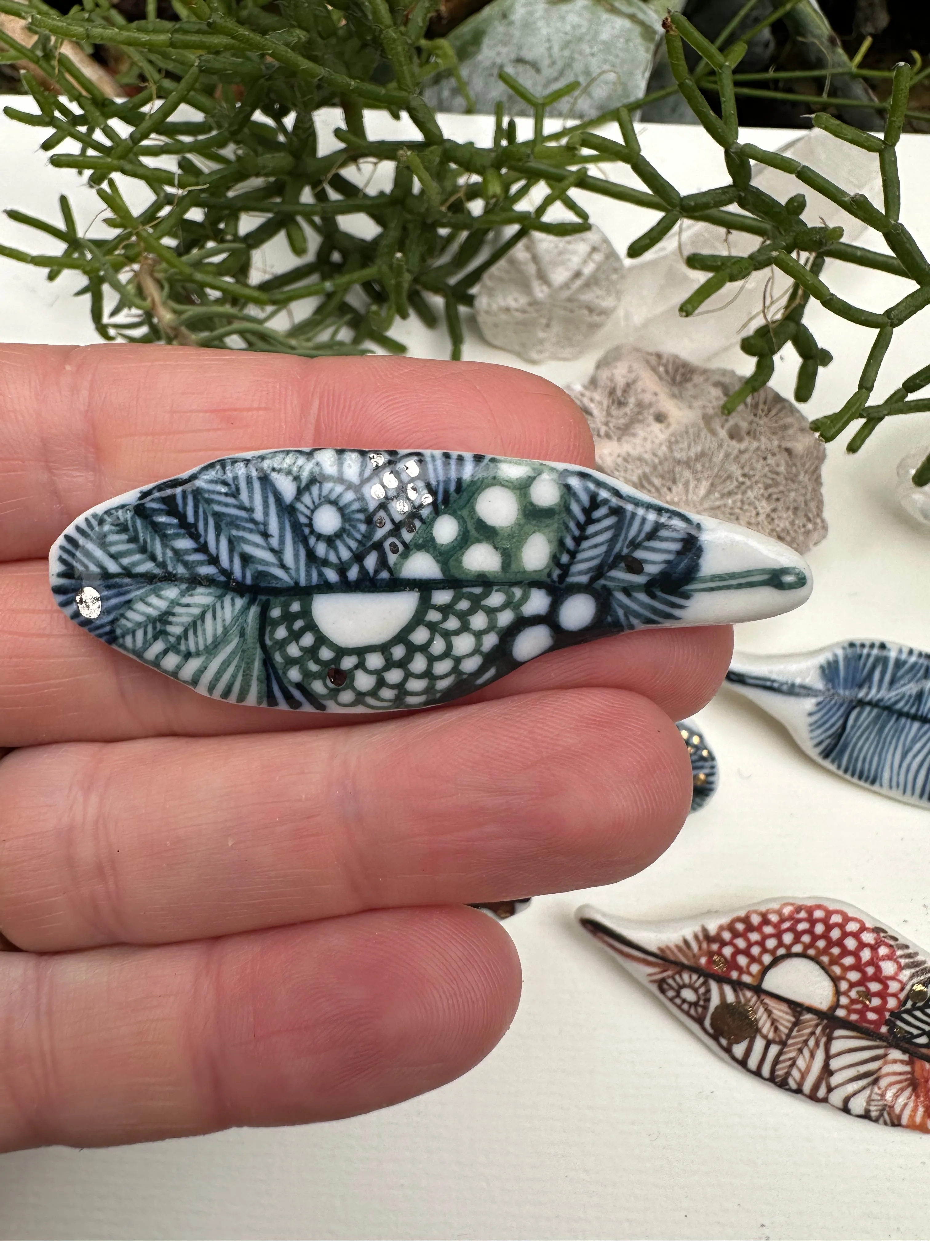 ‘Feather’ Hand Painted Porcelain Brooch