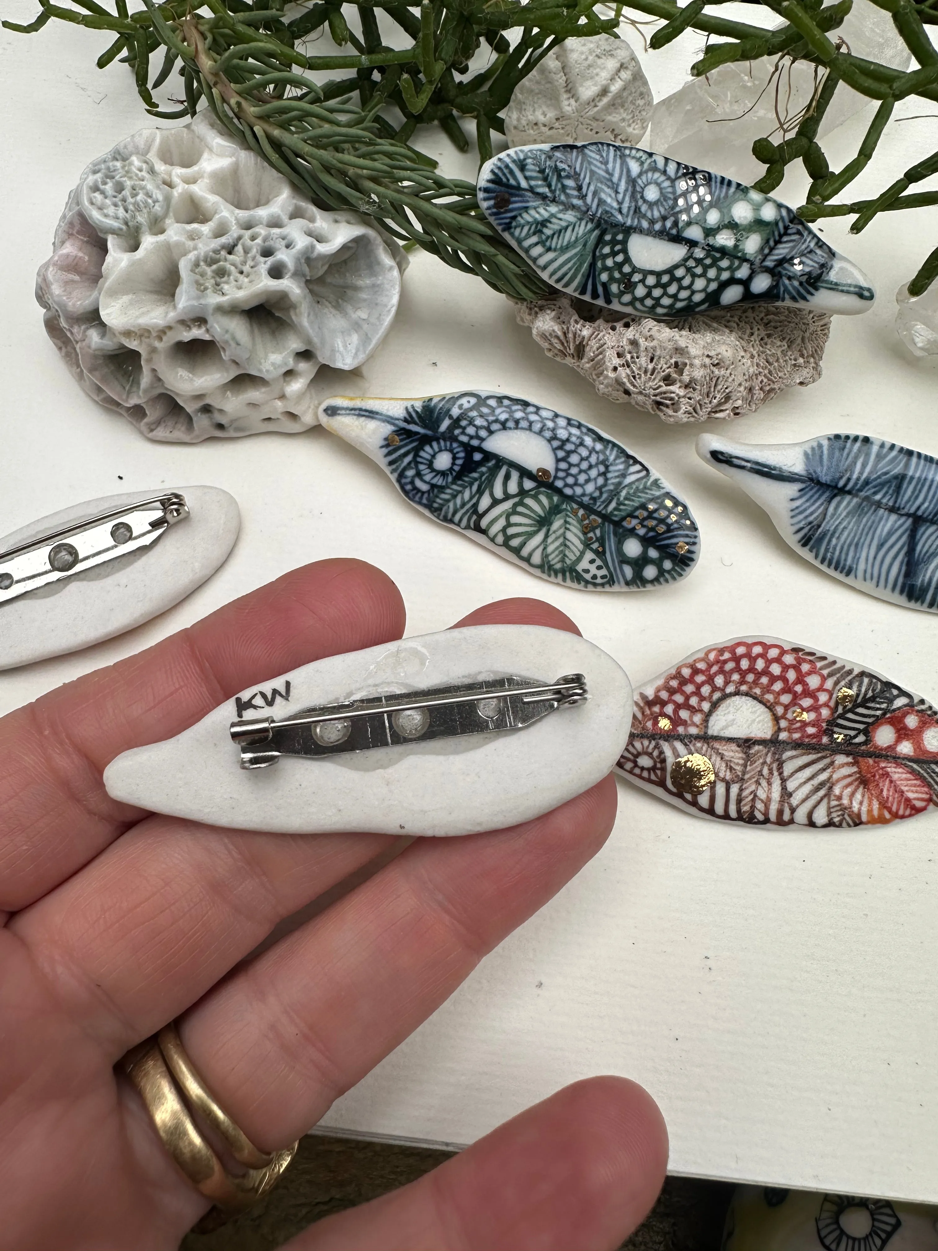‘Feather’ Hand Painted Porcelain Brooch