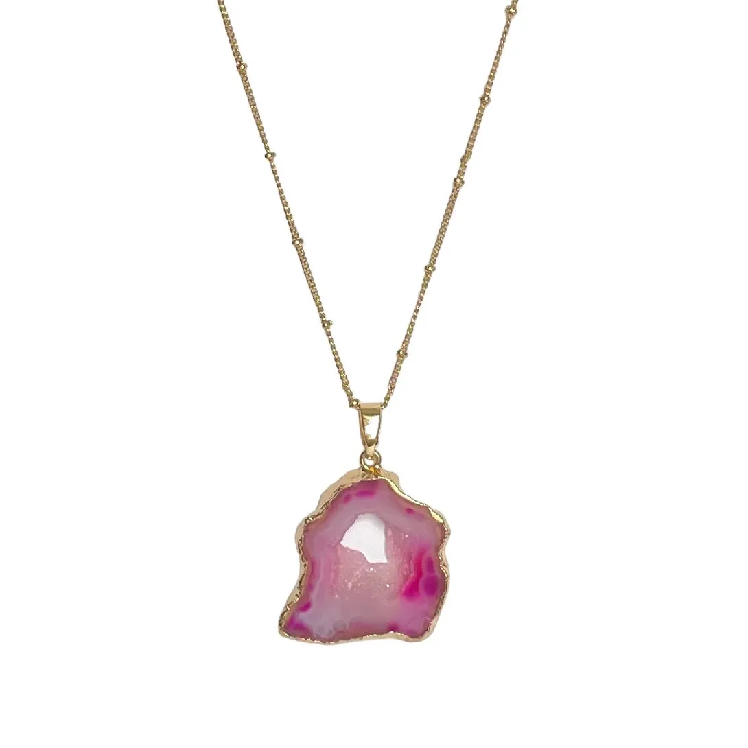 Fuschia Quartz   Gold Pendant Necklace