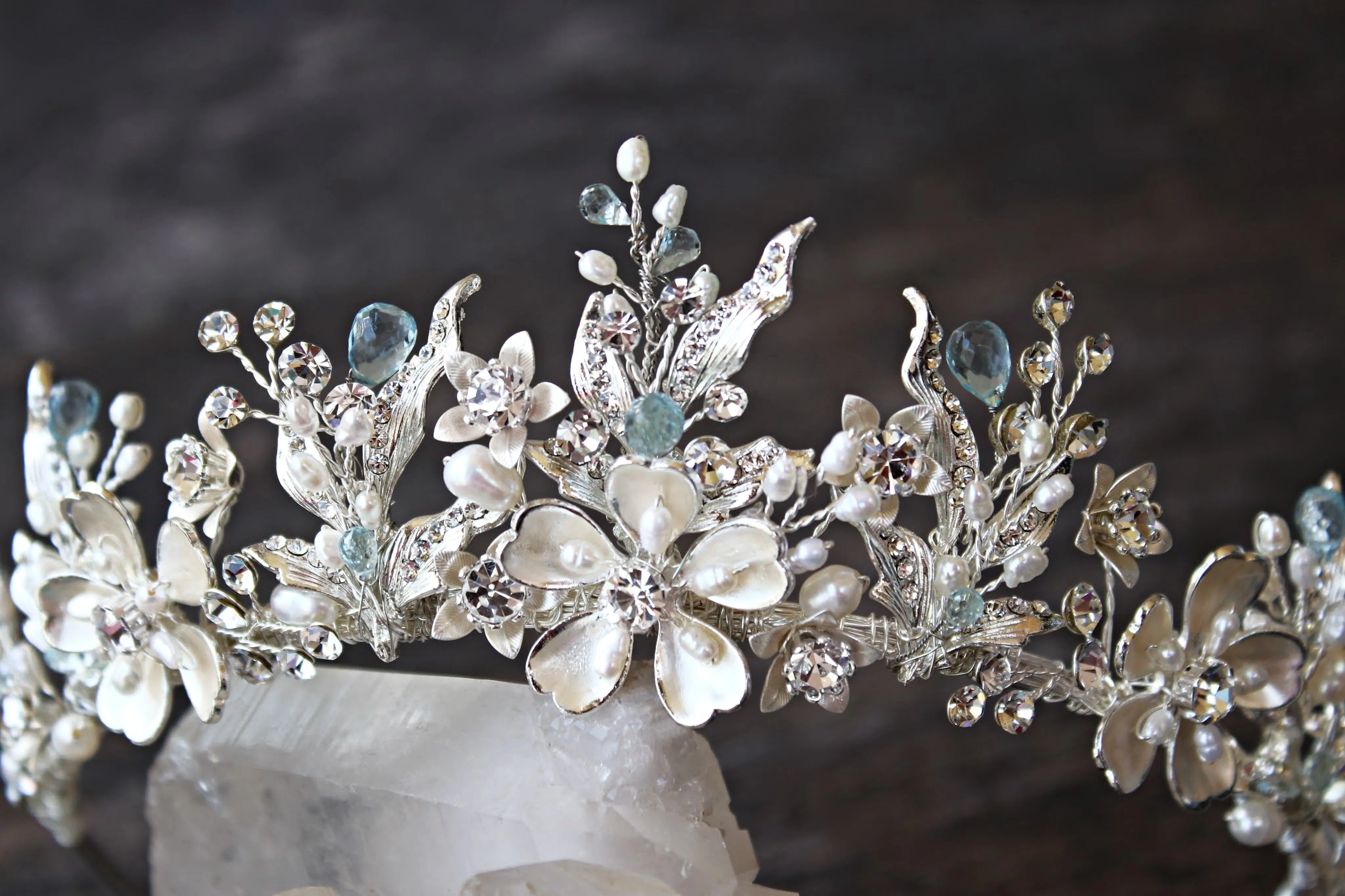 GENEVIEVE Tiara with Genuine Aquamarine and Blue Topaz Gemstone Briolettes