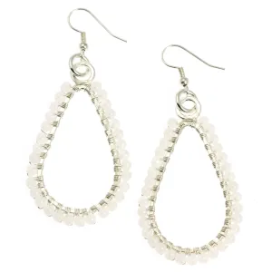 Hammered Fine Silver Tear Drop Earrings with Snow Quartz Gemstones