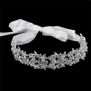 Handmade Crystal Flowers and Ribbon Bridal Headband-Tiara Crown