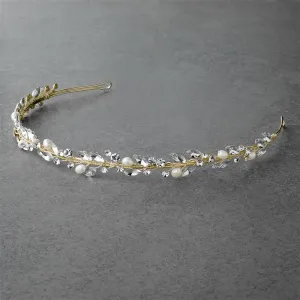 Handmade Light Gold Bridal Headband Tiara with Genuine Freshwater Pearls & Crystals 4624T-I-LTG