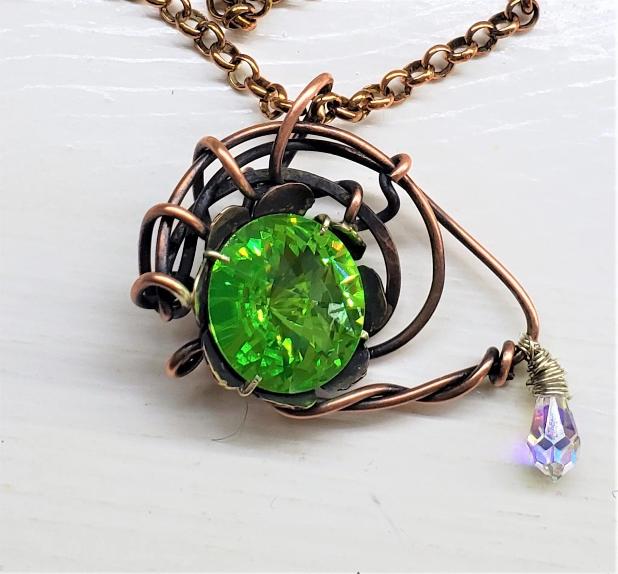 Handmade Wire Sculpted Green Crystal Copper Eye Necklace