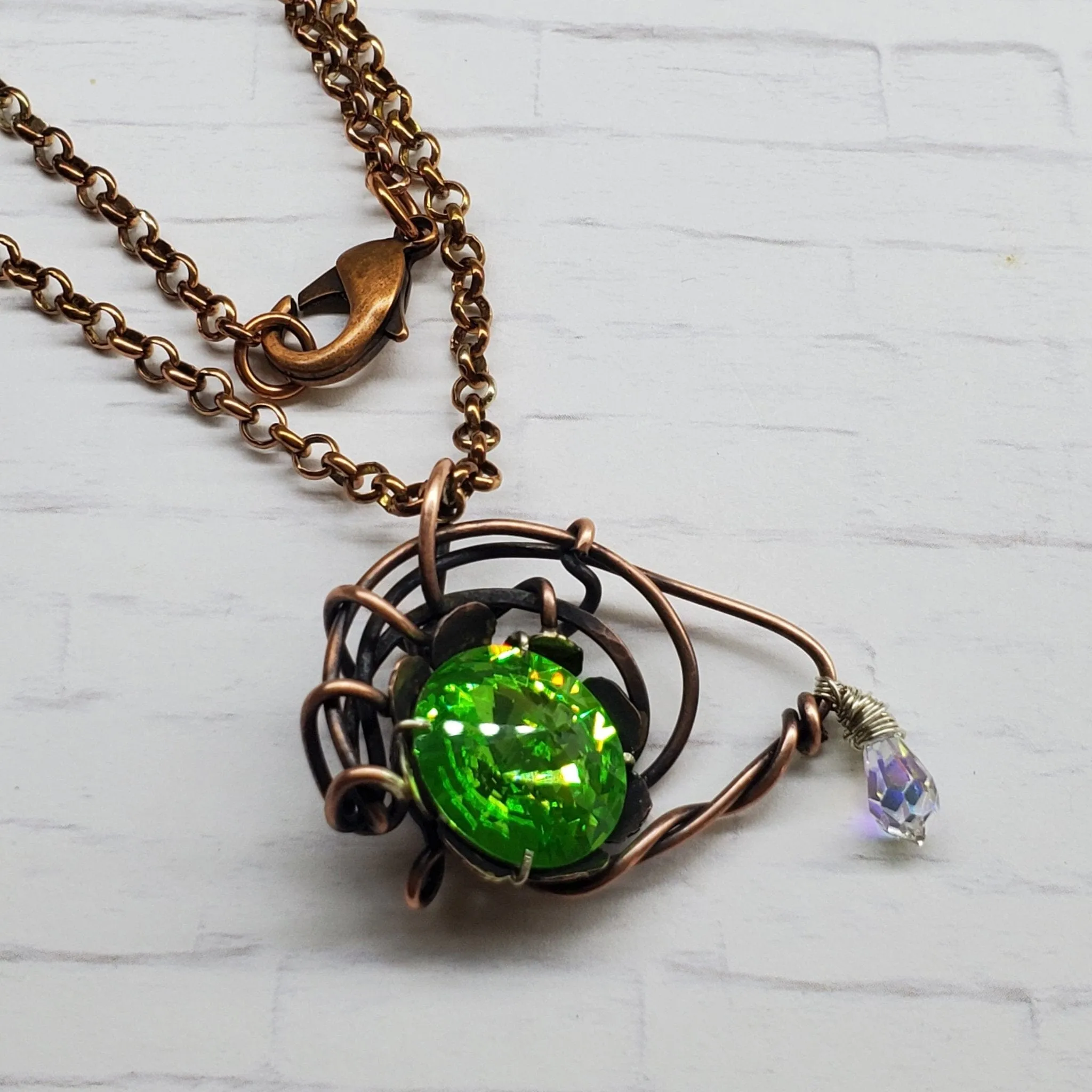 Handmade Wire Sculpted Green Crystal Copper Eye Necklace