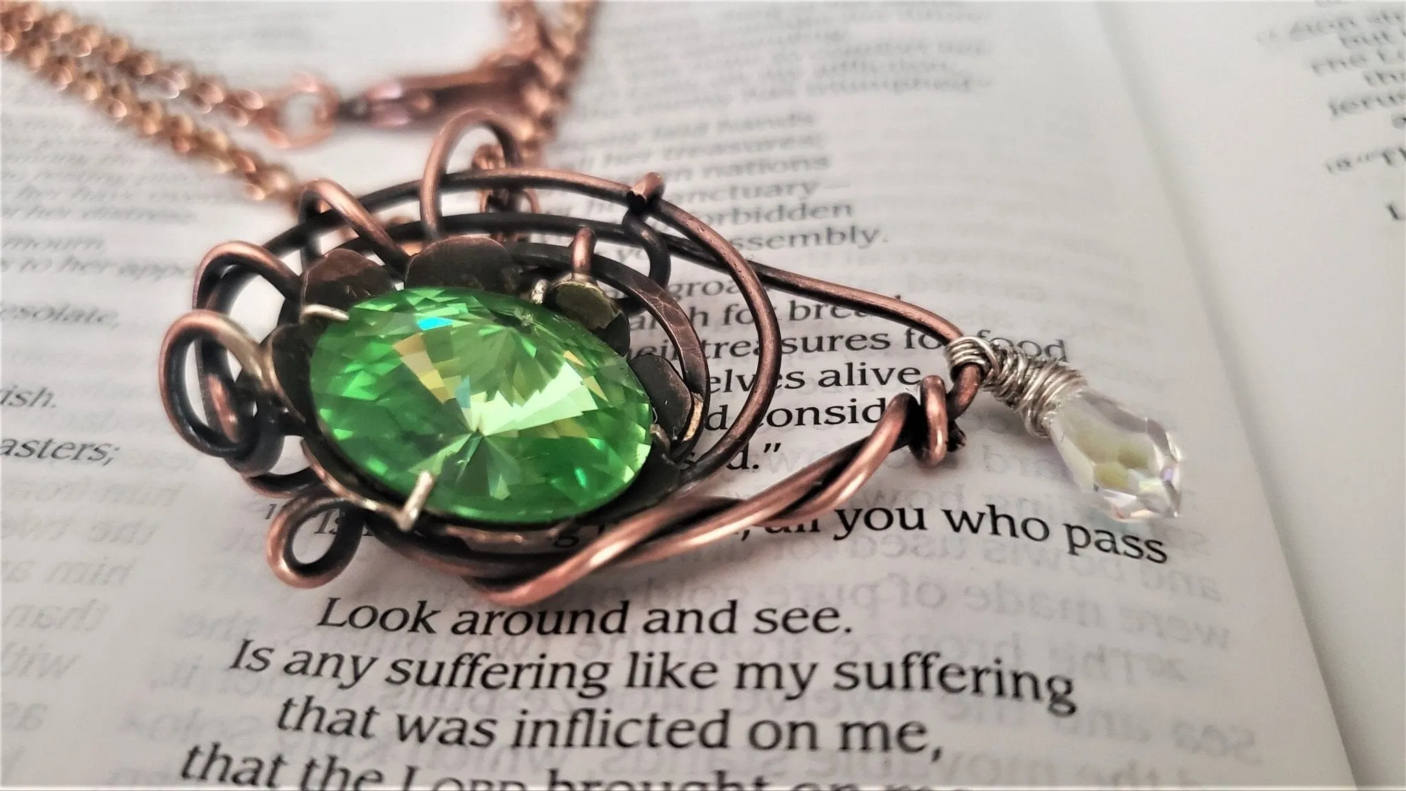 Handmade Wire Sculpted Green Crystal Copper Eye Necklace