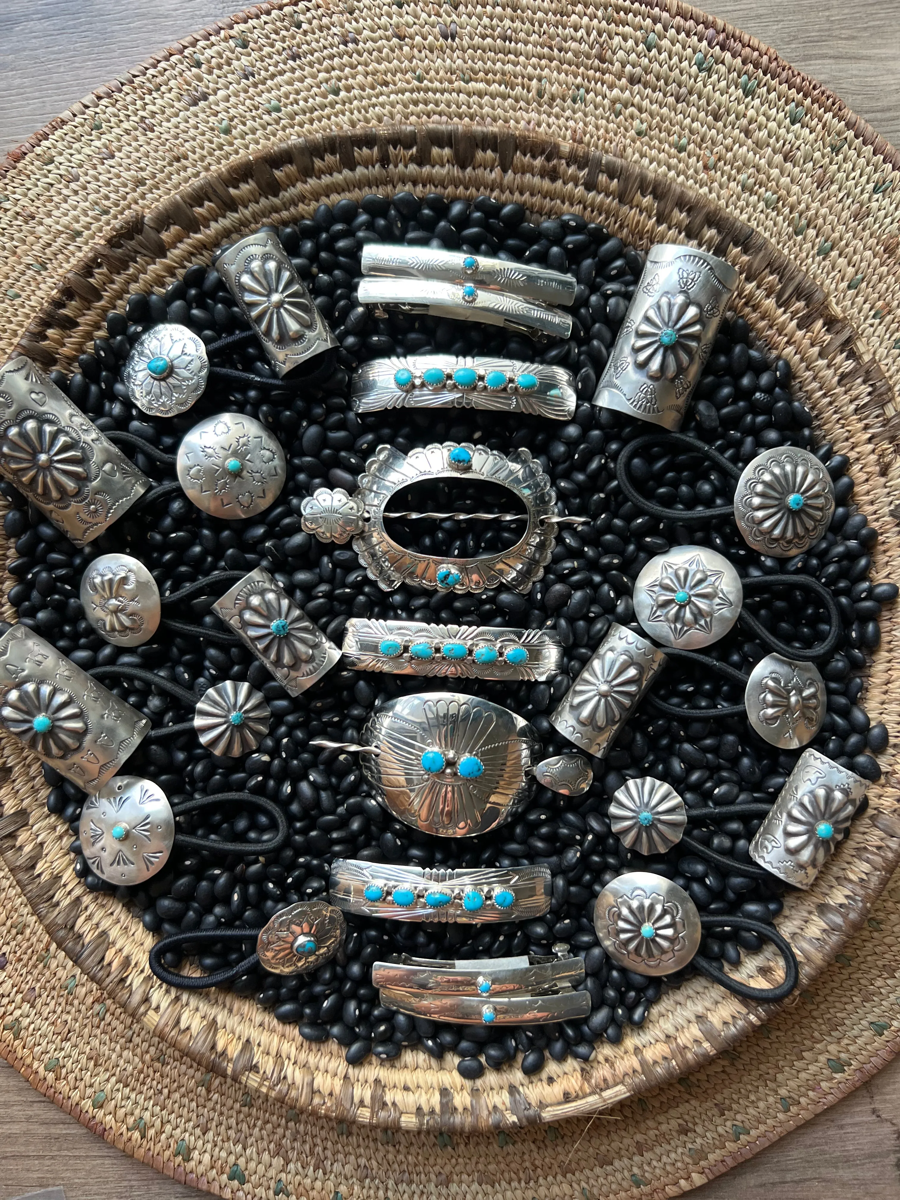 Large detailed Sterling silver barrette with genuine turquoise
