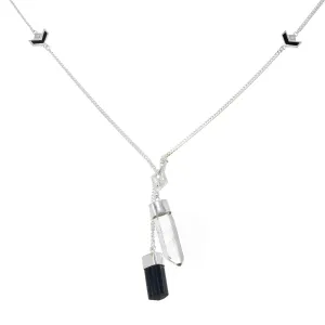 LONG CRYSTAL NECKLACE WITH CHEVRON DETAIL - QUARTZ & BLACK TOURMALINE - SILVER