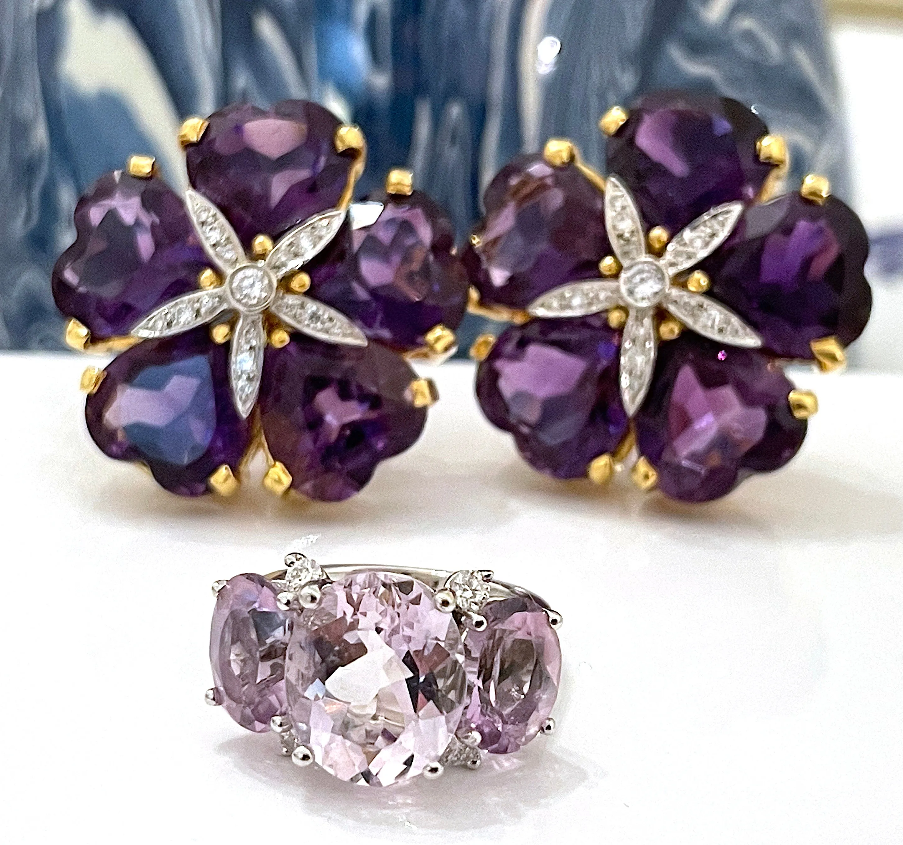 Medium 18kt White Gold GUM DROP™ Ring with Morganite and Rose De France Amethyst and Diamonds