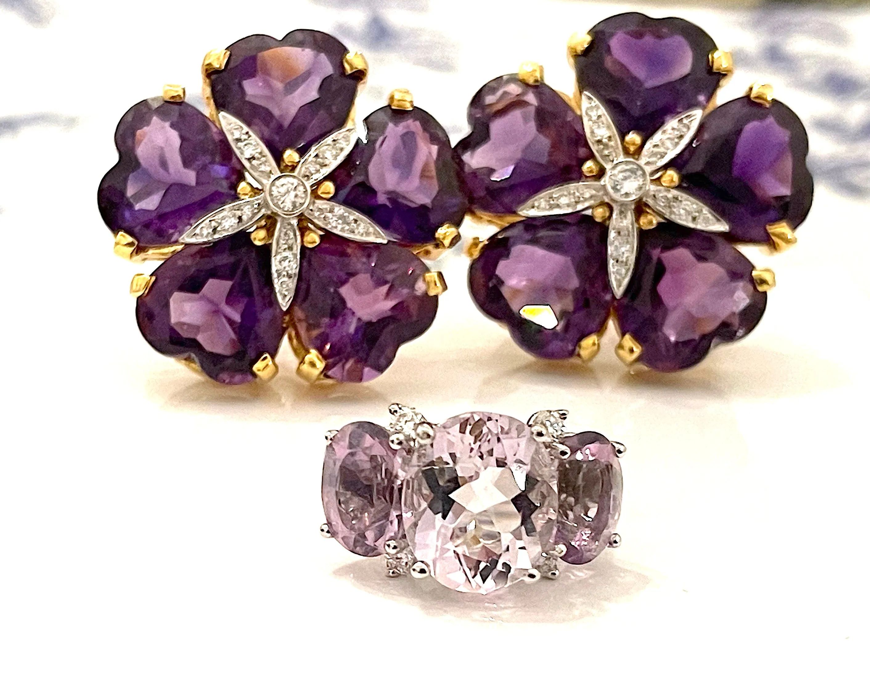 Medium 18kt White Gold GUM DROP™ Ring with Morganite and Rose De France Amethyst and Diamonds