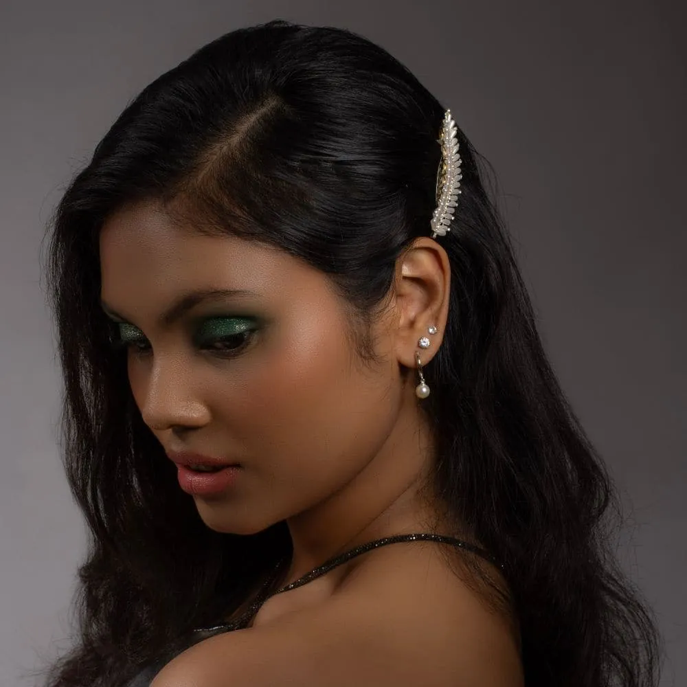 Mini Crystal and Pearl Feather Barrette