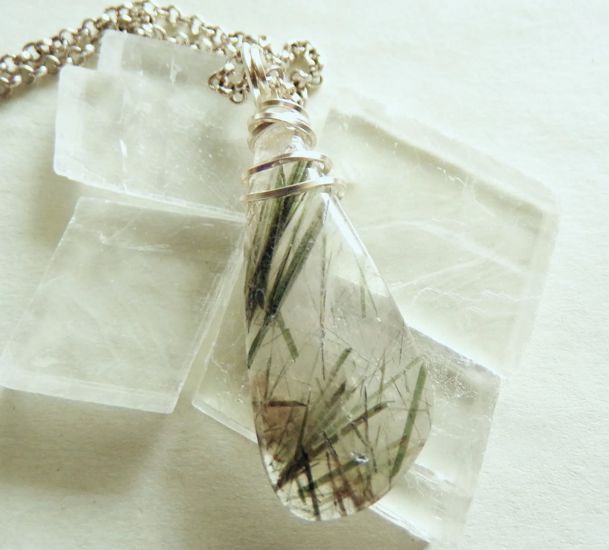 Natural Green Tourmaline Quartz Crystal Pendant Necklace
