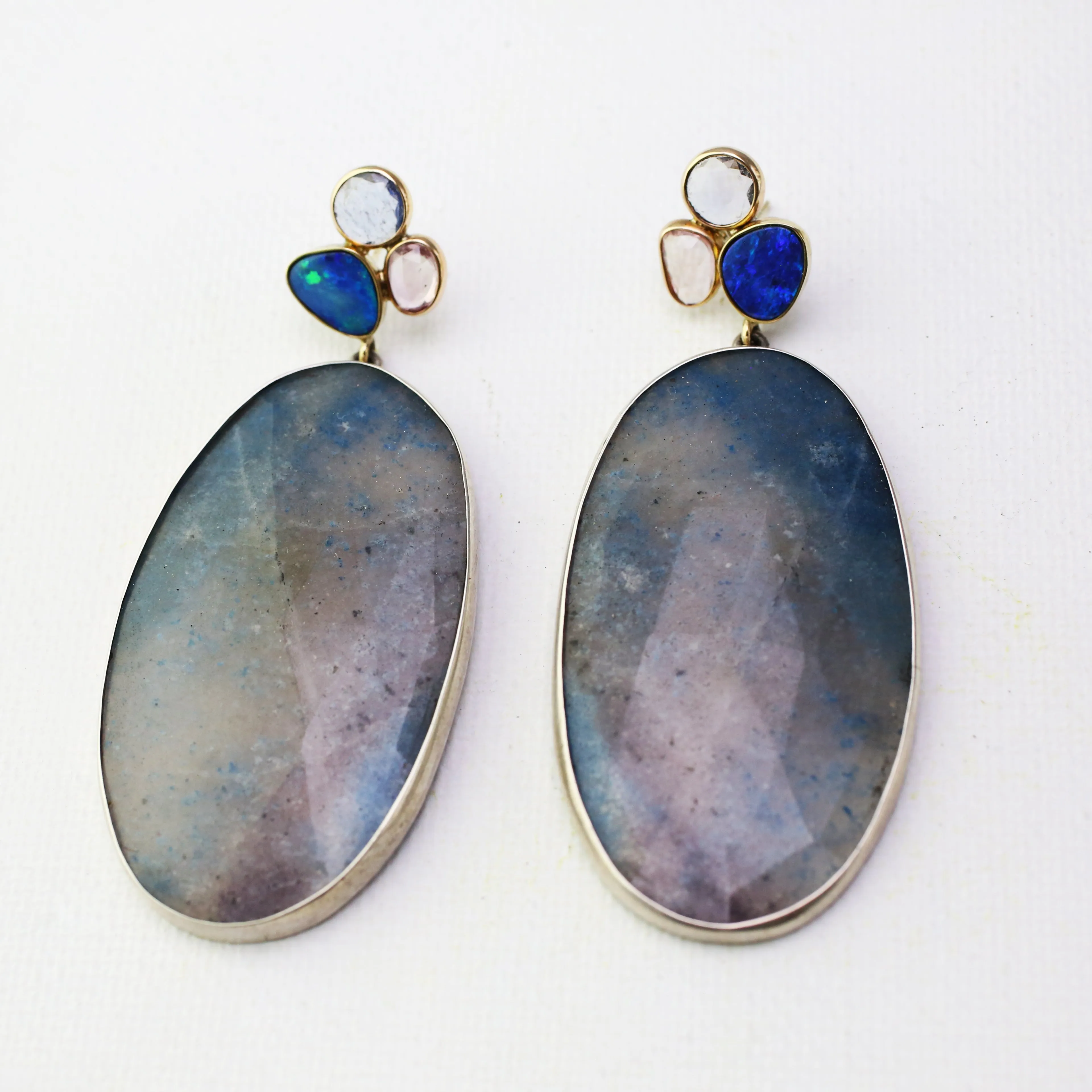 Opals, Sapphire and Pariba Quartz Cluster Drop Earrings